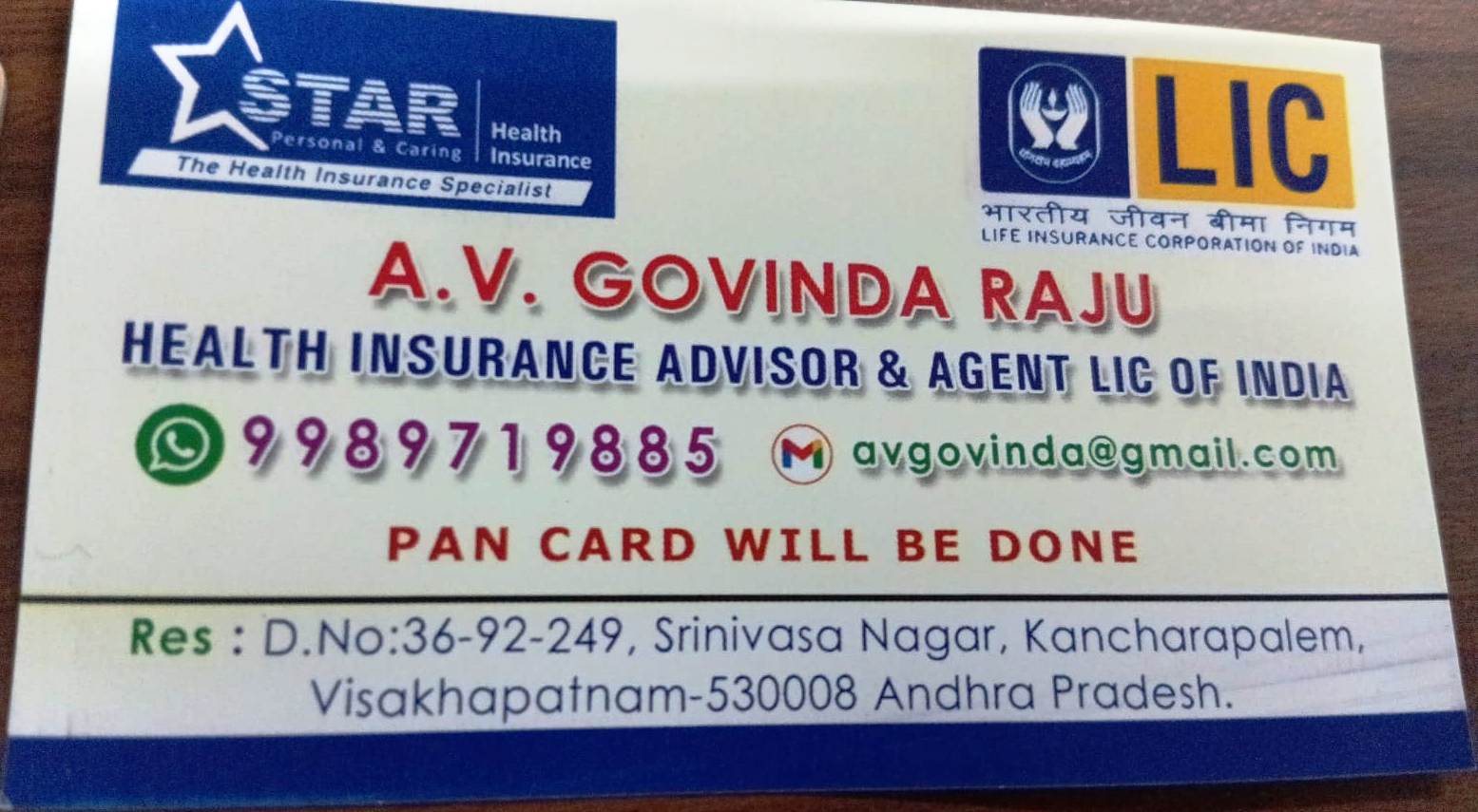 RGIS visiting card for A.V. Govinda Raju, Health Insurance Advisor and LIC agent